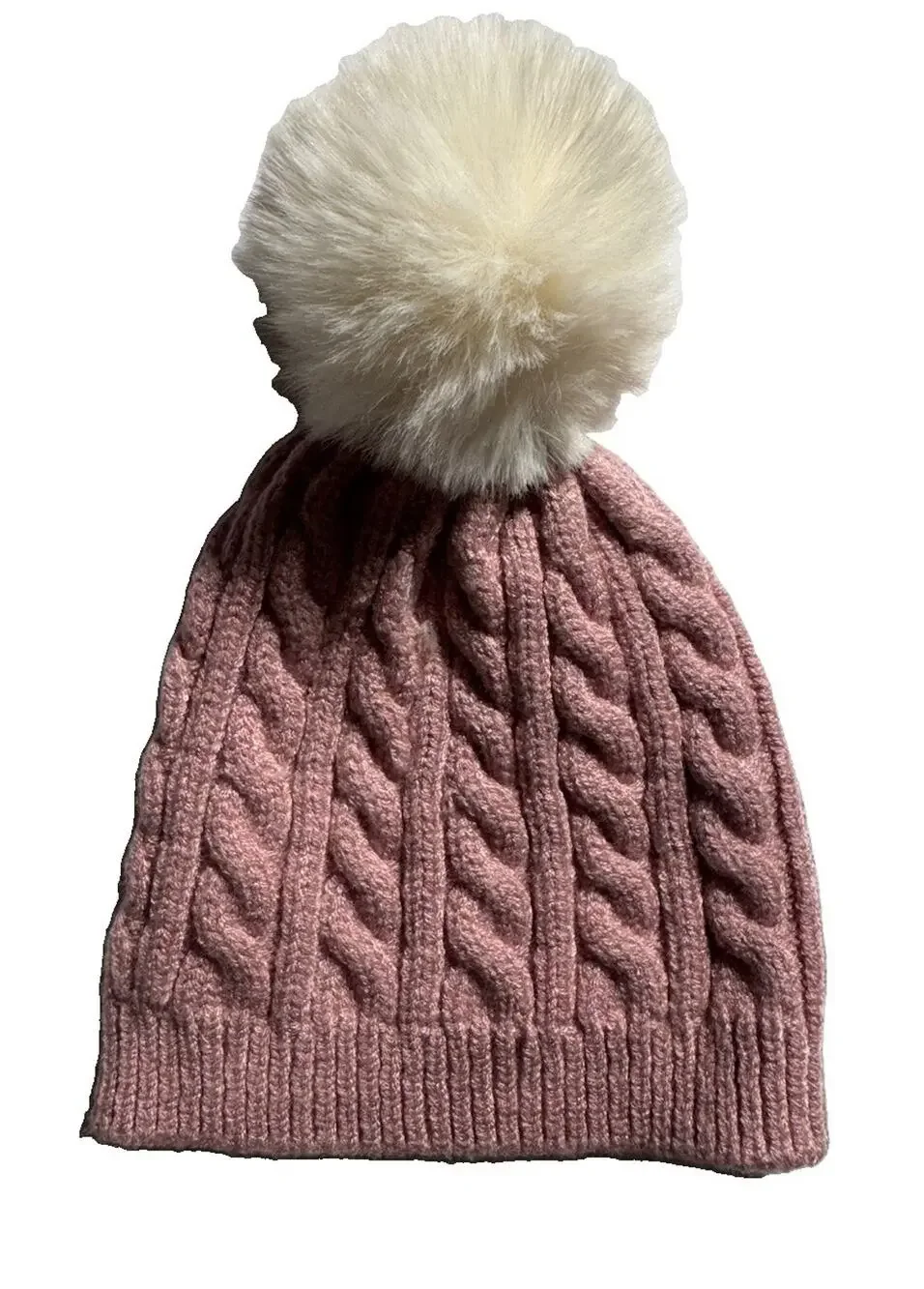 Laura Ashley Baby Beanie 0-6 Months Pink Cable Knit Faux Fur Pom Pom Winter